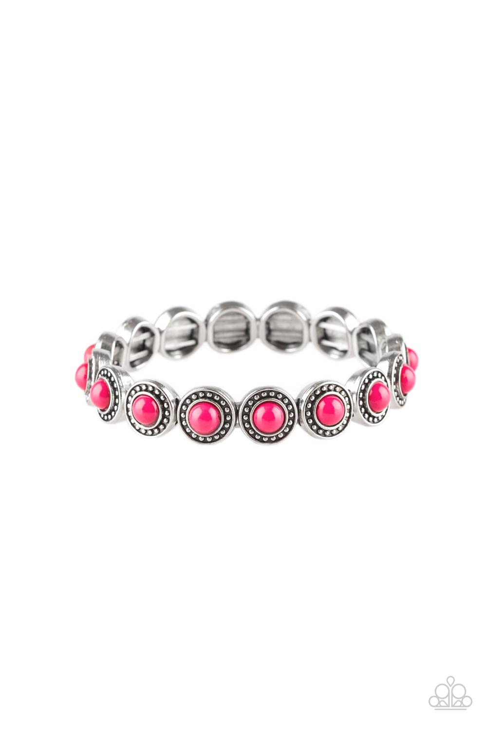 Dotted with vivacious pink beaded centers, studded silver frames are threaded along stretchy elastic bands and linked around the wrist for a whimsical look.  Sold as one individual bracelet.