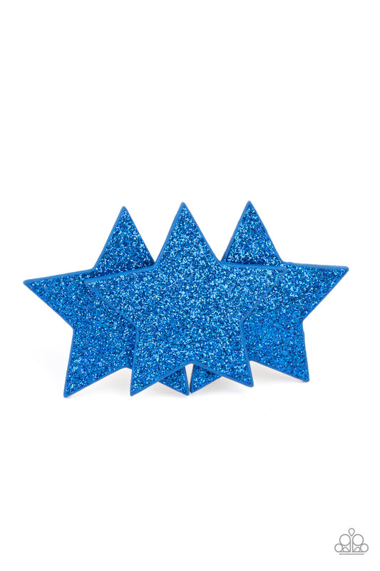Dusted in glittery sparkles, dazzling blue leather stars delicately overlap into a stellar centerpiece for a sparkly patriotic finish. Features a standard hair clip on the back.  Sold as one individual hair clip.