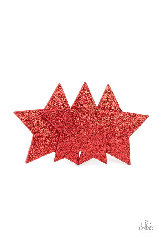 Dusted in glittery sparkles, dazzling red leather stars delicately overlap into a stellar centerpiece for a sparkly patriotic finish. Features a standard hair clip on the back.  Sold as one individual hair clip.