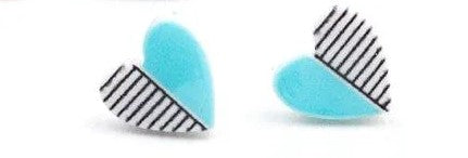 Kids' heart shaped earrings with blue on one half and black and white stripes on the other half