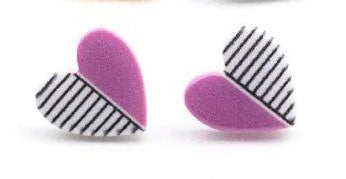 Kids' heart shaped earrings with purple on one half and black and white stripes on the other half