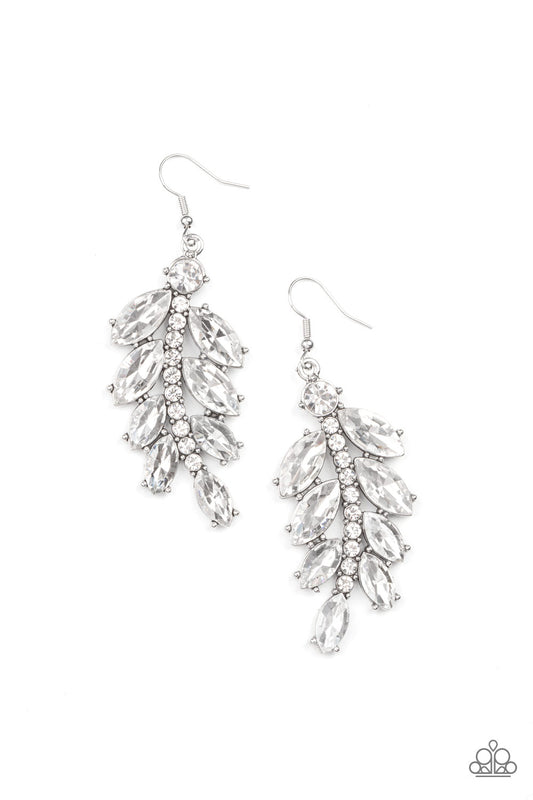 Oversized marquise cut white rhinestones fan out from a curved silver bar encrusted in glassy white rhinestones, resulting into a glamorously leafy statement piece. Earring attaches to a standard fishhook fitting.  Sold as one pair of earrings.