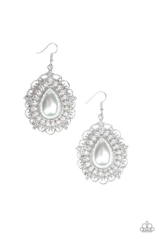 An oversized pearly white teardrop bead is pressed into a swirling silver backdrop encrusted in a dazzling ring of glassy white rhinestones for a glamorous finish. Earring attaches to a standard fishhook fitting.  Sold as one pair of earrings.