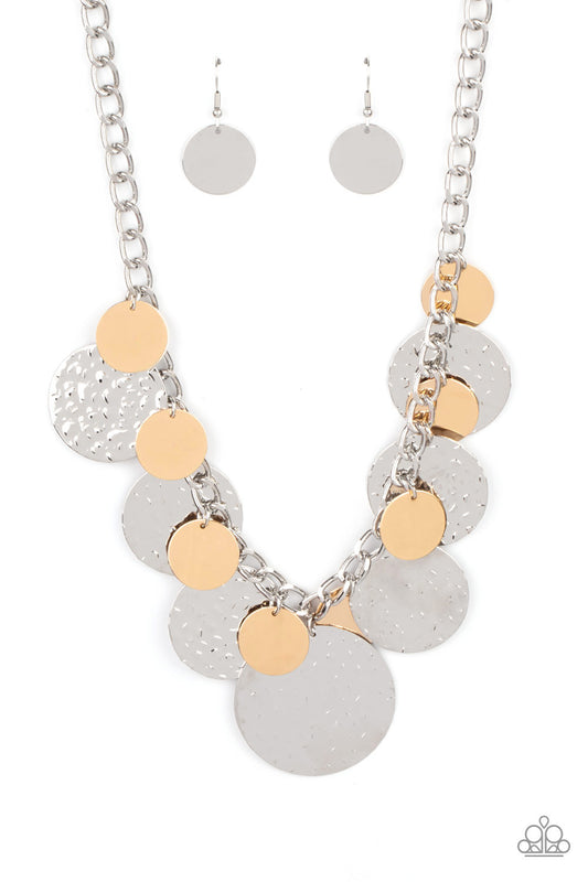Oversized gold discs and hammered silver discs swing from the bottom of a chunky silver chain, creating a rambunctious fringe below the collar. Features an adjustable clasp closure.  Sold as one individual necklace. Includes one pair of matching earrings.