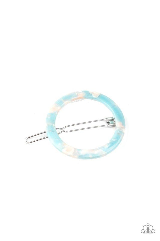 Featuring a colorful tortoise shell inspired pattern, a circular acrylic frame gently pulls back the hair for a retro inspired look. Features a clamp barrette closure.  Sold as one individual hair clip.