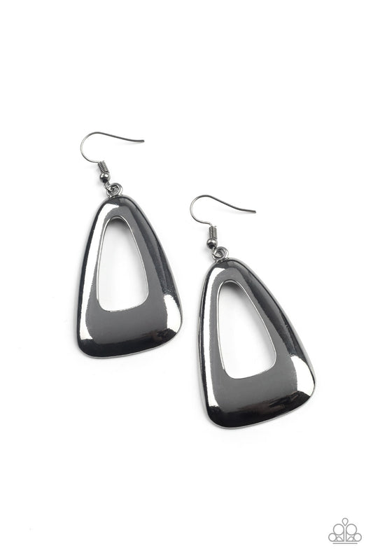 A high sheen gunmetal triangular frame swings from the ear, creating an intense industrial centerpiece. Earring attaches to a standard fishhook fitting.  Sold as one pair of earrings.