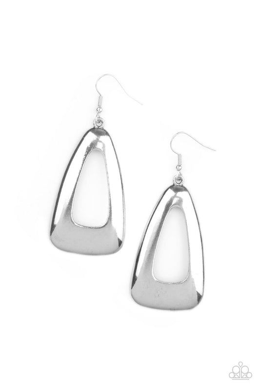 A burnished silver triangular frame swings from the ear, creating a rustic centerpiece. Earring attaches to a standard fishhook fitting.  Sold as one pair of earrings.