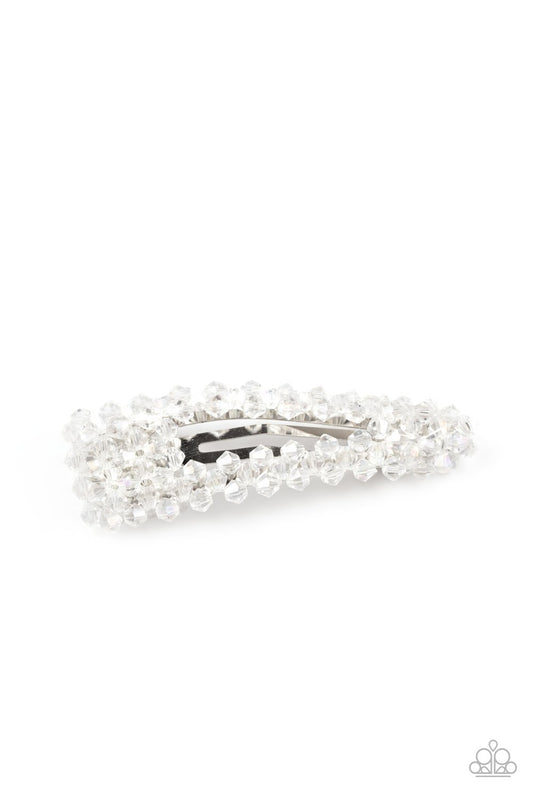 Faceted white crystal-like beads bedazzle the front of a silver hair clip, creating a glittering piece. Features a standard snap hair clip on the back.  Sold as one individual hair clip.