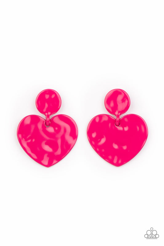 Painted in a glossy Fuchsia Fedora finish, a hammered disc gives way to a hammered heart frame for a flirtatious fashion. Earring attaches to a standard post fitting.  Sold as one pair of post earrings.