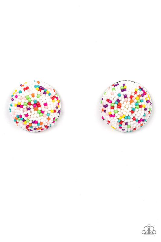 A bubbly assortment of dainty multicolored beads spins around the front of an oversized and beveled silver frame, resulting in a boisterous pop of kaleidoscopic color. Earring attaches to a standard post fitting.  Sold as one pair of post earrings.