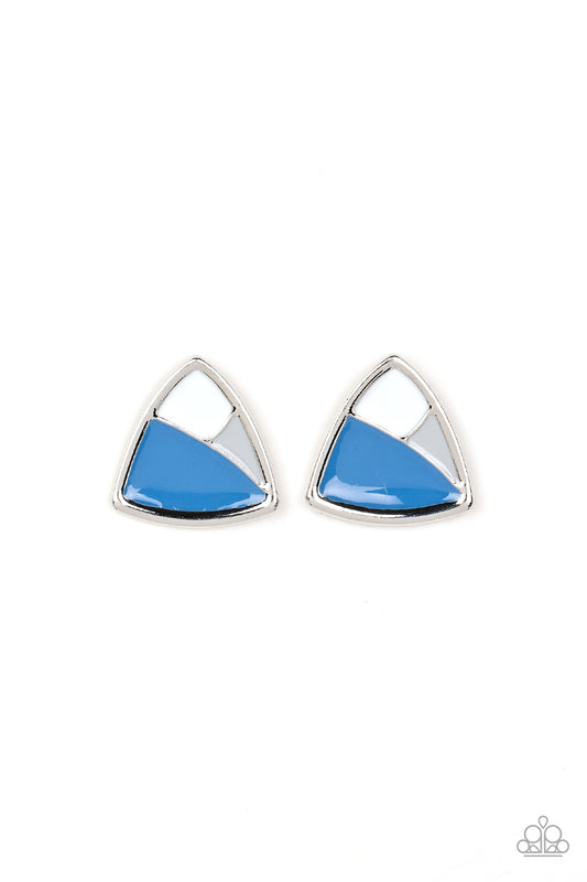 A collision of Skydiver, Northern Droplet, and white painted accents beam inside an asymmetric triangular frame for a contemporary pop of color. Earring attaches to a standard post fitting.  Sold as one pair of post earrings.