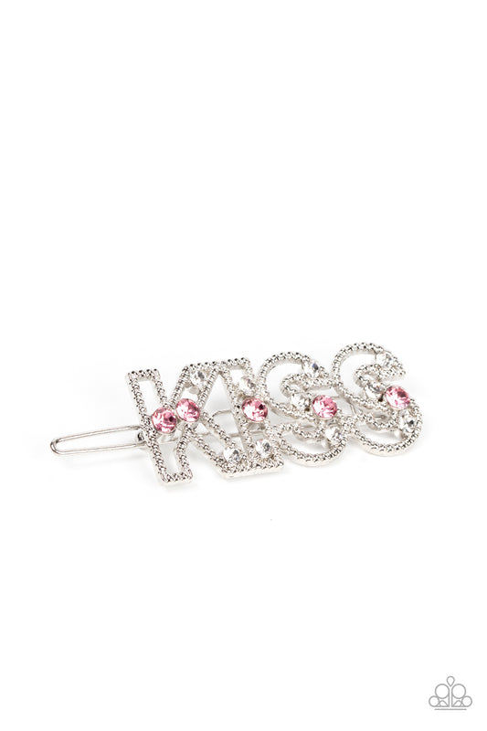 Glassy white and sparkly pink rhinestones are sprinkled across the front of airy silver frames that spell out, "Kiss" for a flirtatious finish. Features a clamp barrette closure.  Sold as one individual barrette.