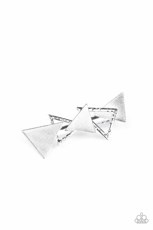 An abstract collection of hammered and textured silver triangles overlap into an edgy frame. Features a standard hair clip on the back.  Sold as one individual hair clip.