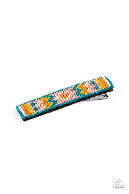 A dainty collection of blue, yellow, orange, white, and Rose Tan beads delicately embellish the front of a black frame, stacking into a colorful textile pattern. Features a standard hair clip on the back.  Sold as one individual hair clip.