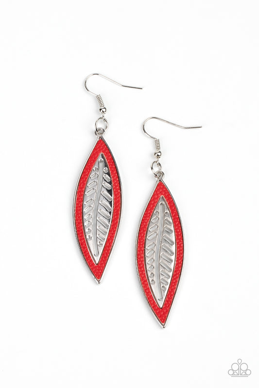 Bordered in a red leather trim, an airy silver leaf frame swings from the ear for a wildly seasonal fashion. Earring attaches to a standard fishhook fitting.  Sold as one pair of earrings.