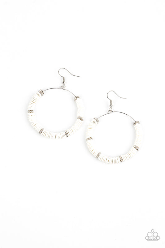 Infused with studded silver floral-shaped rings, a flirty collection of rubbery white flowers are threaded along a dainty wire hoop for a whimsical pop of color. Earring attaches to a standard fishhook fitting.  Sold as one pair of earrings.