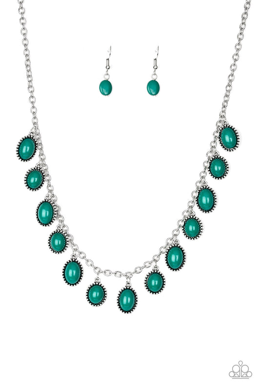 Infused with studded silver frames, round and oval green beads swing from a shimmery silver chain, creating a colorful fringe below the collar. Features an adjustable clasp closure.  Sold as one individual necklace. Includes one pair of matching earrings.