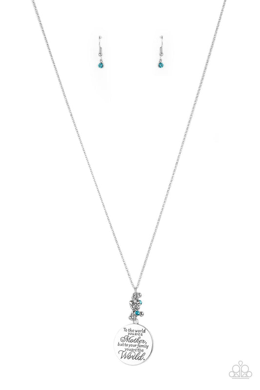 A silver disc inscribed with the phrase, "To the world you are a Mother, but to your family you are the World," creates a sweet reminder as it falls from a lengthened silver chain. A sprinkle of dainty aquamarine rhinestones and silver beads adds a decorative fringe atop the memento. Features an adjustable clasp closure.  Sold as one individual necklace. Includes one pair of matching earrings.