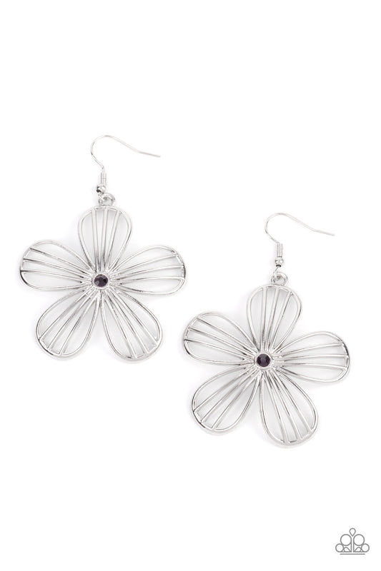 Dotted with a dainty purple rhinestone, airy silver petals streaked with linear bars bloom into an enchanting floral frame. Earring attaches to a standard fishhook fitting.  Sold as one pair of earrings.