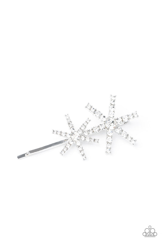 A pair of glittery white rhinestone encrusted silver stars dot the front of a classic bobby pin for a stellar look.  Sold as one individual decorative bobby pin.