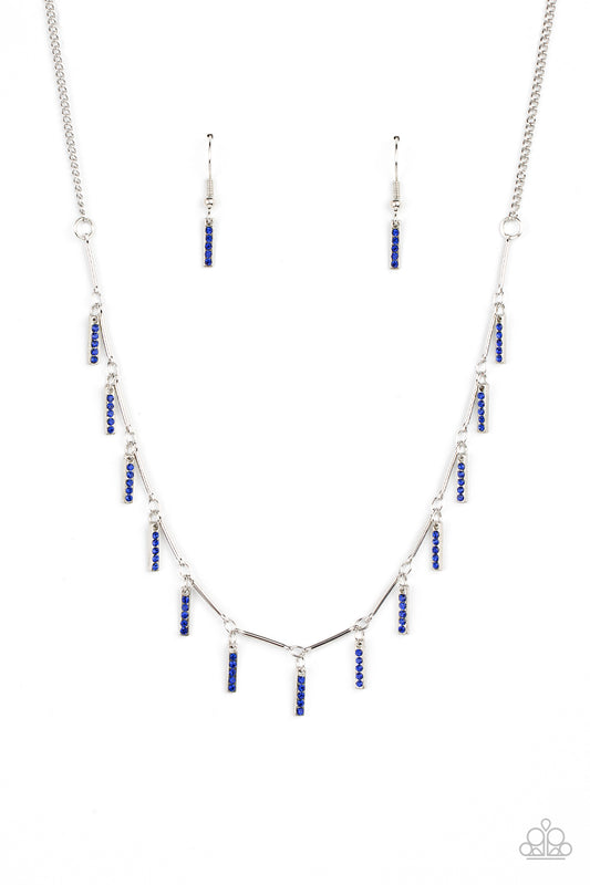 Dotted in stacks of glittery blue rhinestones, dainty silver rectangular frames drip between shiny silver bars along the collar, creating a dainty fringe. Features an adjustable clasp closure.  Sold as one individual necklace. Includes one pair of matching earrings.