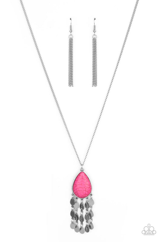 A vivacious pink stone teardrop pendant swings from the bottom of a lengthened silver chain. Tassels of silver teardrop frames trickle from the bottom of the colorful pendant, creating a musical fringe. Features an adjustable clasp closure.

Sold as one individual necklace. Includes one pair of matching earrings.