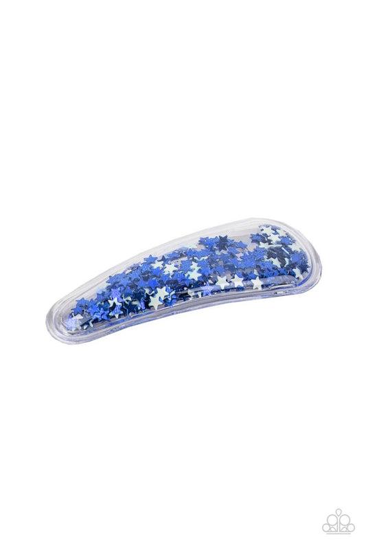 A stellar collection of shimmery white and blue stars sparkle back and forth inside a clear plastic frame, creating an eye-catching twinkle. Features a standard snap hair clip on the back.  Sold as one individual hair clip.