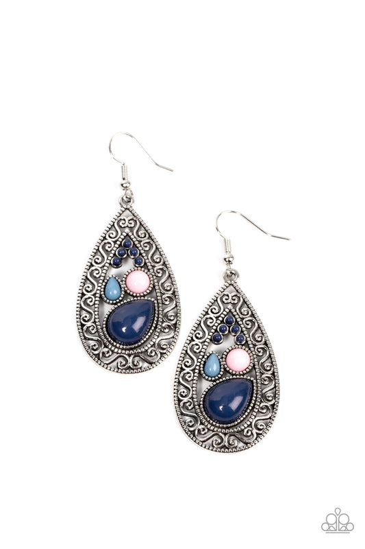 A mismatched collection of smooth Spring Lake, Pale Rosette, and Rhodonite beads gathers inside a daintily dotted teardrop frame. An artful border of airy serpentine filigree encompasses the collection, making for a timeless design with a vintage vibe. Earring attaches to a standard fishhook fitting.  Sold as one pair of earrings.