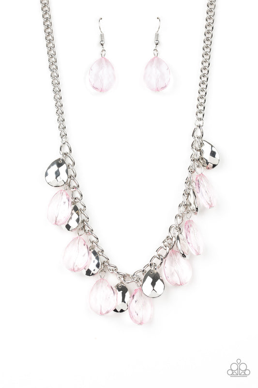 Faceted silver and glassy pink teardrops swing from the bottom of a thick silver chain, creating a vivacious fringe below the collar. Features an adjustable clasp closure.  Sold as one individual necklace. Includes one pair of matching earrings.