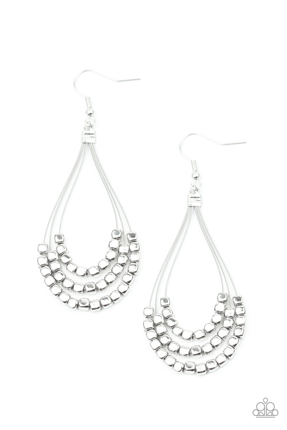 Three rows of dainty silver cube beads glides along shiny silver wire, layering into an edgy teardrop lure. Earring attaches to a standard fishhook fitting.  Sold as one pair of earrings.
