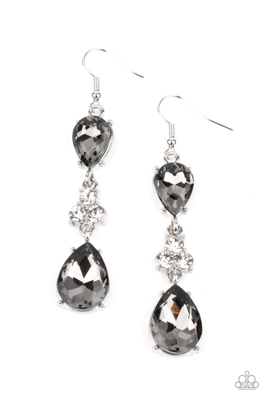 A trio of dazzling white rhinestones unites two smoky teardrop gems as they dangle brilliantly from the ear for a flawless finish. Earring attaches to a standard fishhook fitting.  Sold as one pair of earrings.