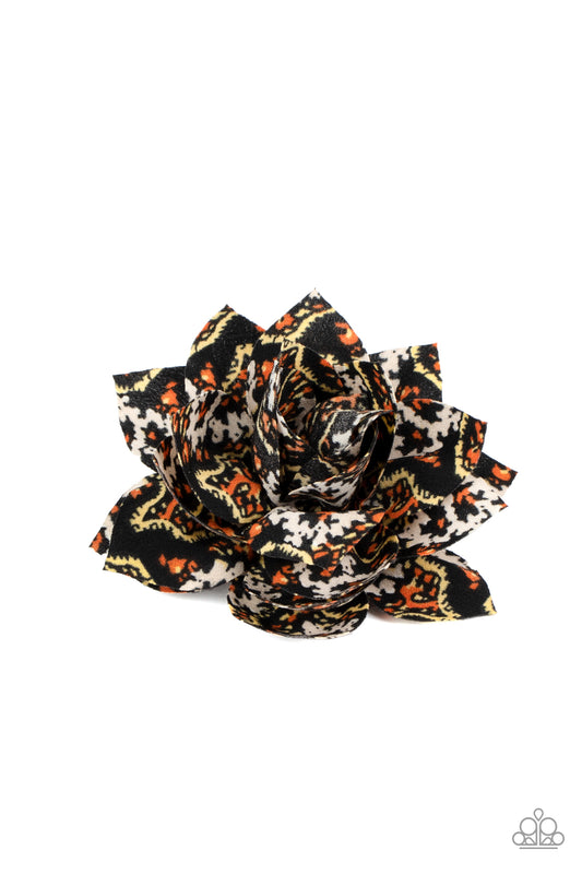 Featuring a colorful paisley-like print, silky black petals gather into a bouncy blossom for a seasonal flair. Features a standard hair clip on the back.  Sold as one individual hair clip.