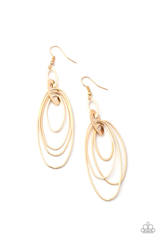 Increasing in size, shiny gold ovals ripple out from the bottom of interconnected flat shiny gold frames, creating a layered lure. Earring attaches to a standard fishhook fitting.  Sold as one pair of earrings.