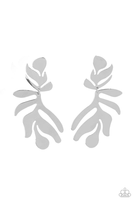 A flat and leafy silver frame swings from the bottom of a matching fitting, creating a trendy seasonal lure. Earring attaches to a standard post fitting.  Sold as one pair of post earrings.