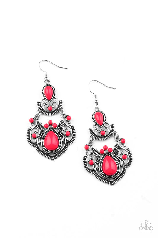 Dotted with round and teardrop pink beads, a stacked silver frame radiating with studded and linear detail swings from the ear for a colorfully regal look. Earring attaches to standard fishhook fitting.

Sold as one pair of earrings.