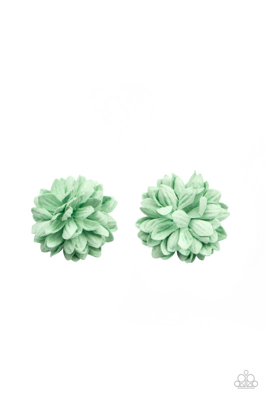 Papery Green Ash petals gather into a pair of dainty blossoms for a colorful seasonal flair. Each flower features a standard hair clip on the back.  Sold as one pair of hair clips.