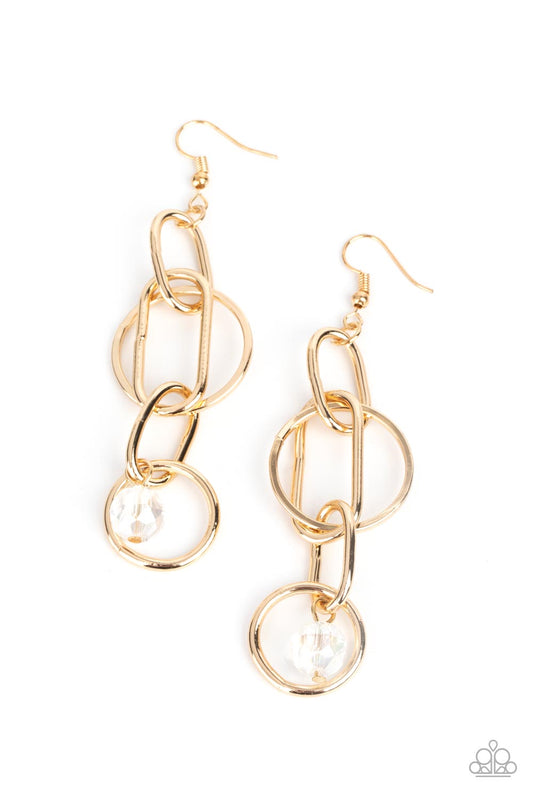 A collection of oval and round gold links, embellished with a faceted white bead suspended inside the bottom-most round frame, coalesce into a flirty charm as it sways from the ear. Earring attaches to a standard fishhook fitting.  Sold as one pair of earrings.