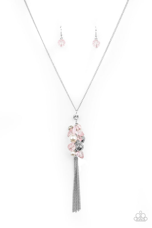 A fabulous collision of pink crystal-like beads, white rhinestones, white pearls, and ornate silver beads delicately cluster at the bottom of a lengthened silver chain for a colorfully vintage look. A silver chain tassel swings from the bottom of the display, adding a flirtatious movement to the whimsical piece. Features an adjustable clasp closure.  Sold as one individual necklace. Includes one pair of matching earrings.