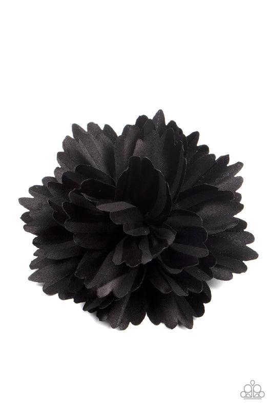 Layers of scalloped black petals gather into an elegant satin blossom, creating a timeless display. Features a standard hair clip on the back.  Sold as one individual hair clip.