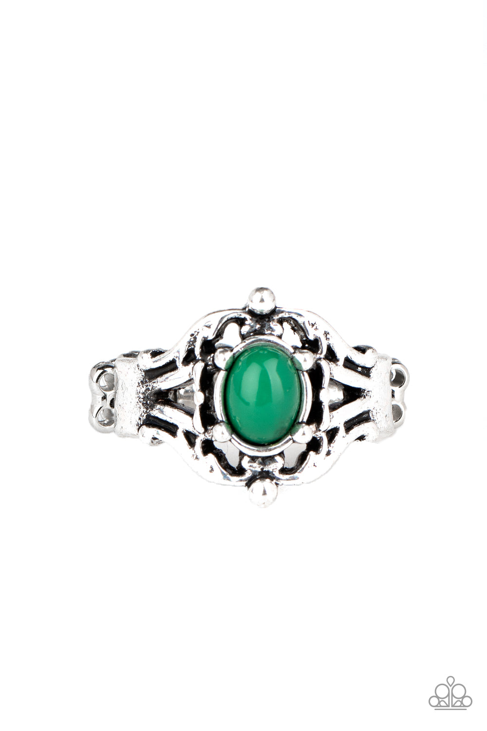 A dainty green bead is pressed into the center of a decoratively layered silver frame, creating a perfect pop of color atop the finger. Features a dainty stretchy band for a flexible fit.  Sold as one individual ring.
