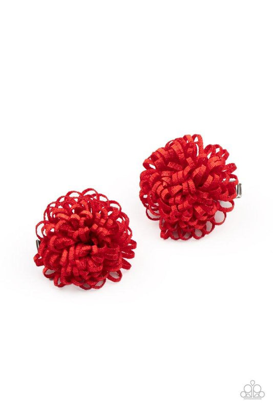 Shimmery red ribbon curls into a pair of bouncy blossoms for a colorful springtime look. Each flower features a standard hair clip on the back.  Sold as one pair of hair clips.