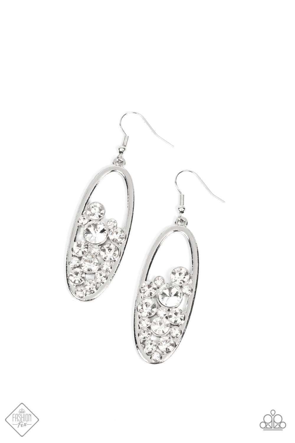 Effervescent stacks of brilliant white rhinestones bubble up inside a simple silver oval frame creating a prismatically stunning lure. Earring attaches to a standard fishhook fitting.  Sold as one pair of earrings.