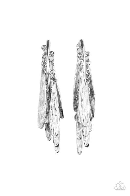 Textured petal-like plumes cluster around a curved silver bar and dance in an unexpected funky fringe below the ear. Earring attaches to a standard post fitting.  Sold as one pair of post earrings.