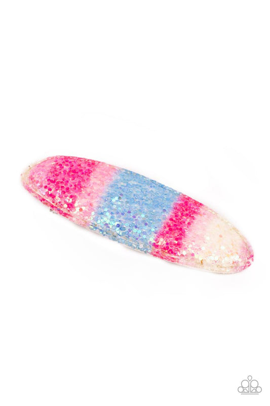 A glittering rainbow of pinks and blues creates a sparkling summertime vibe. Features a standard hair clip on the back.  Sold as one individual hair clip.