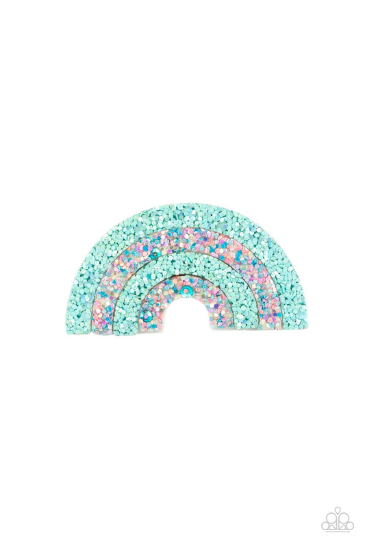 Iridescent rows of glittery blue and multicolored confetti-like sparkles alternate into a glittery rainbow. Features a standard hair clip on the back.  Sold as one individual hair clip.