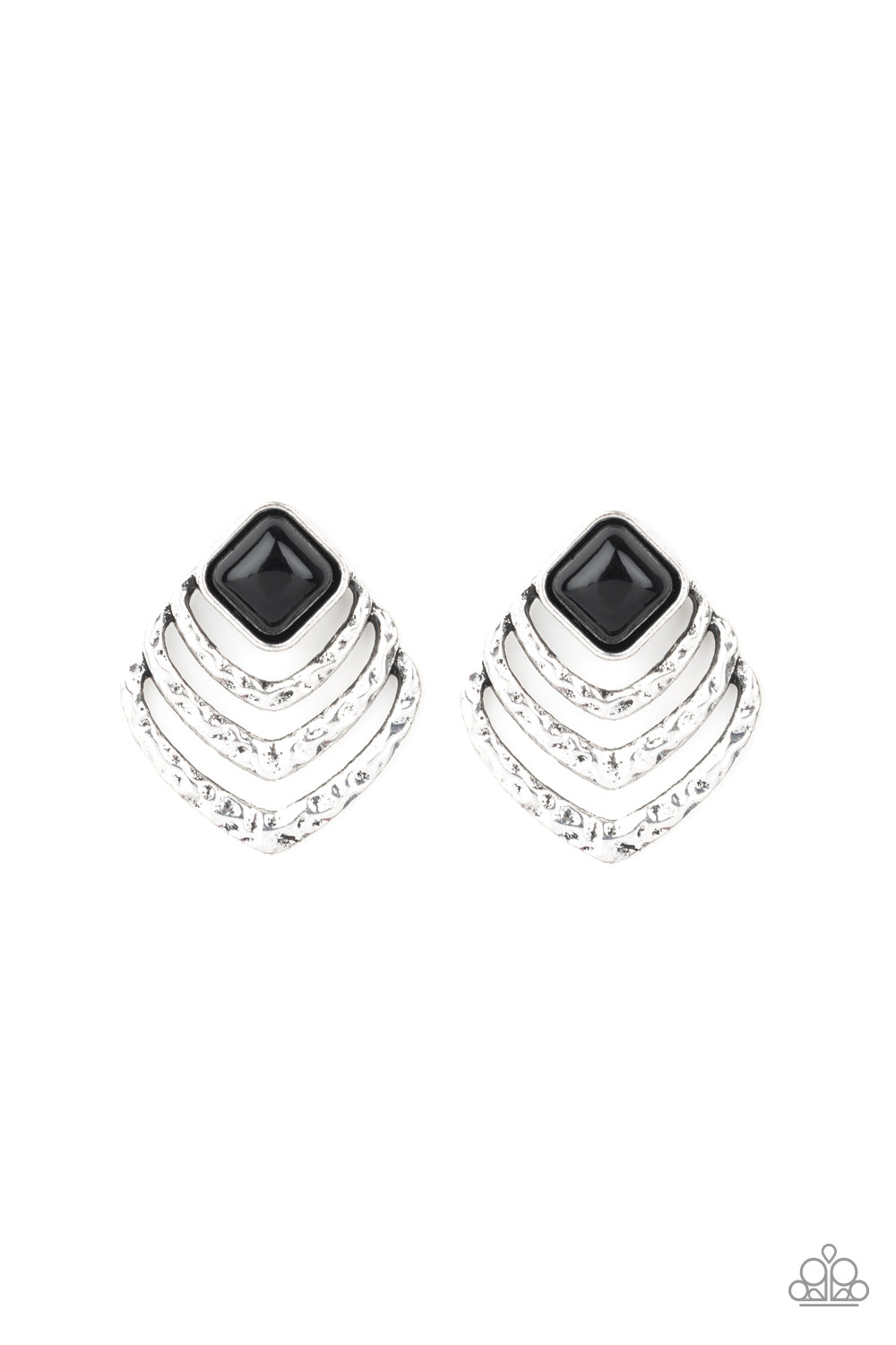 Hammered silver frames ripple from the bottom of a polished black beaded frame for an edgy look. Earring attaches to a standard post fitting.  Sold as one pair of post earrings.