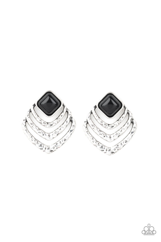 Hammered silver frames ripple from the bottom of a polished black beaded frame for an edgy look. Earring attaches to a standard post fitting.  Sold as one pair of post earrings.