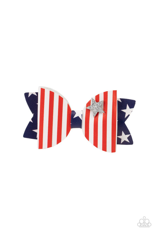 Women's red, white and blue bow with silver glitter star