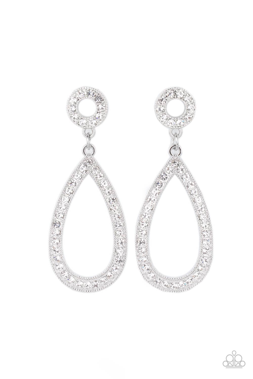 Dramatic and playful, alluring oversized teardrop frames are encrusted with countless brilliant white rhinestones. A smaller circle frame filled with the same shimmering white rhinestones gently anchors and balances the flirtatious look. Earring attaches to a standard post fitting.  Sold as one pair of post earrings.