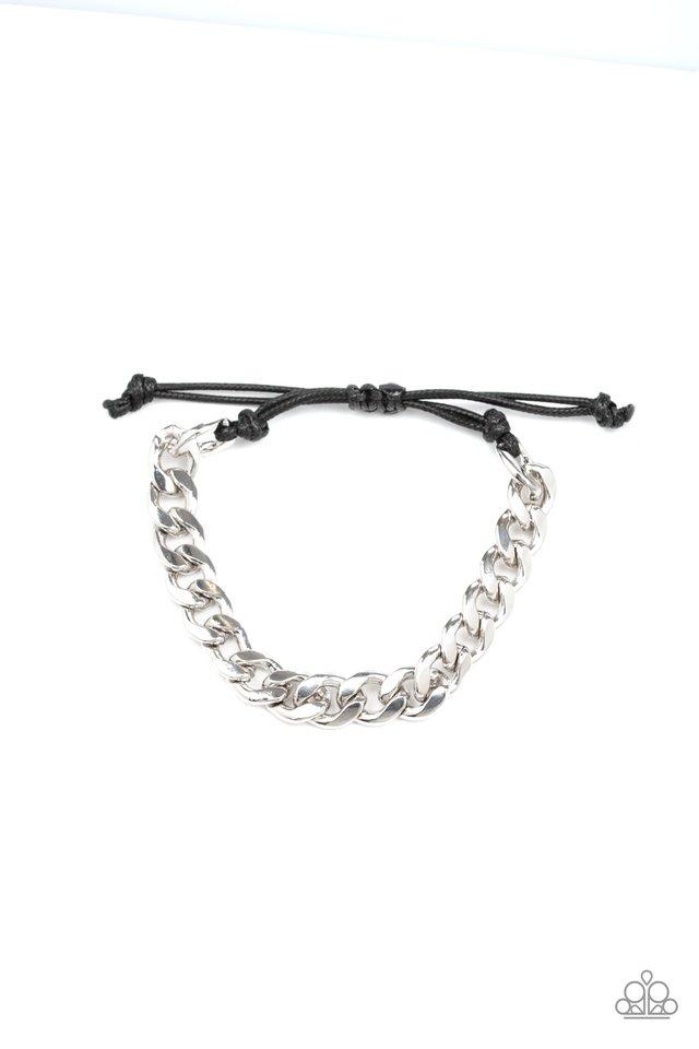 Shiny black cording knots around the ends of a thick silver beveled cable chain that is wrapped across the top of the wrist for a versatile look. Features an adjustable sliding knot closure.  Sold as one individual bracelet.